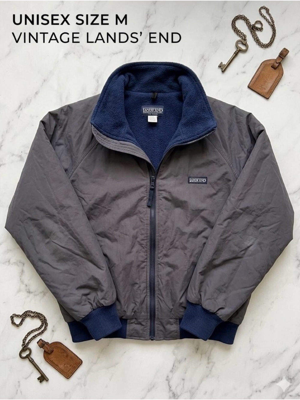 Lands' End Men's Vintage Gray Chore Barn Jacket Retro 80s 90s Y2K Zip Up